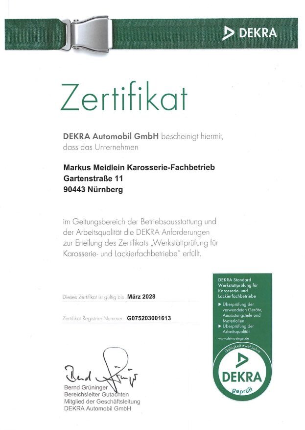DEKRA Zertifikat 2024 – Karosserie Meidlein